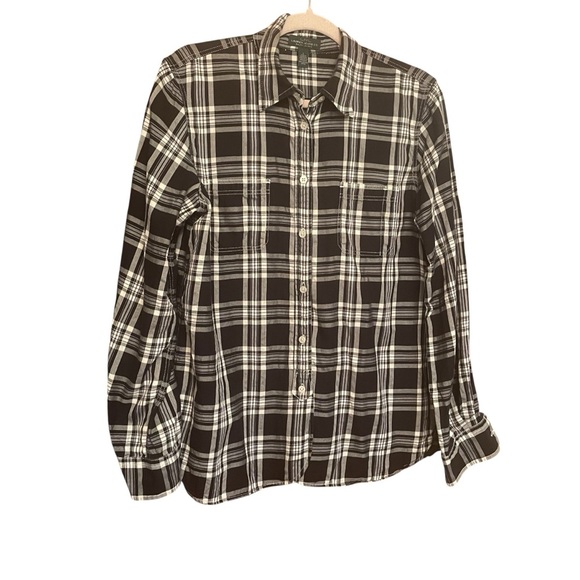 LRL Lauren Jean Company Black and White Plaid Ladies Button up shirt- Size Large - Picture 1 of 9